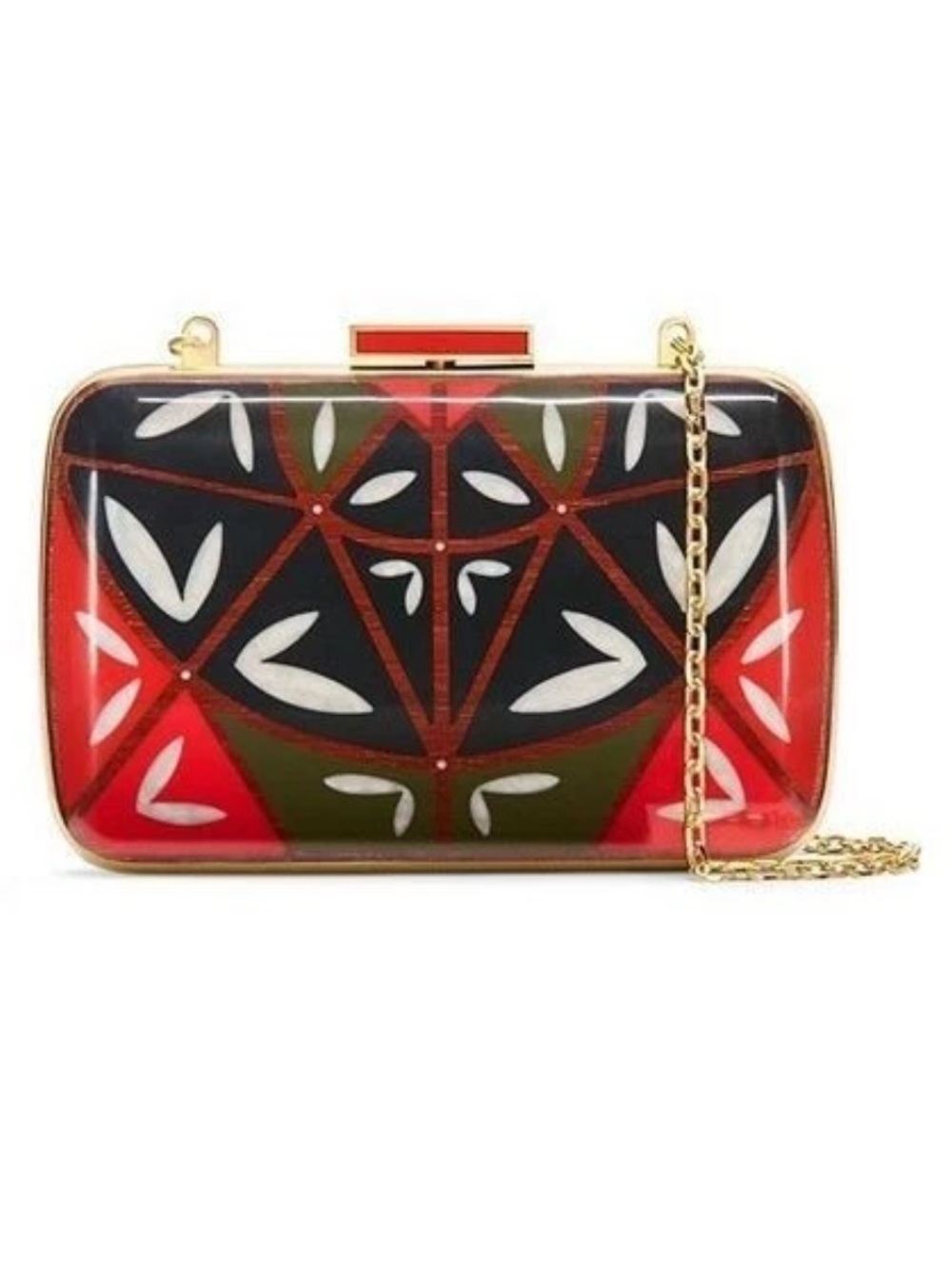 Tory Burch Red, Black & Olive Geometric Floral Acrylic Clutch with Gold Chain